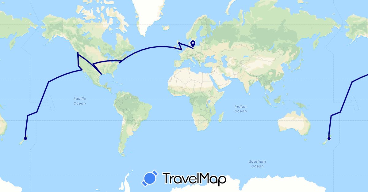 TravelMap itinerary: driving in Canada, Germany, Fiji, United Kingdom, New Zealand, United States, Samoa (Europe, North America, Oceania)
